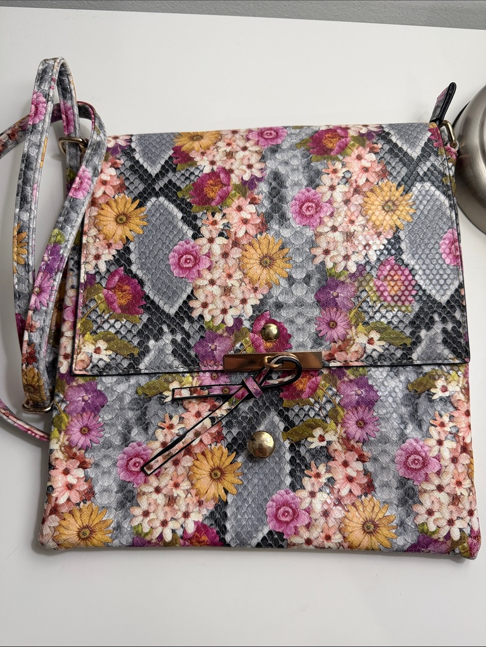 Floral Snake-Print Crossbody Bag in Pink, Yellow and Gray